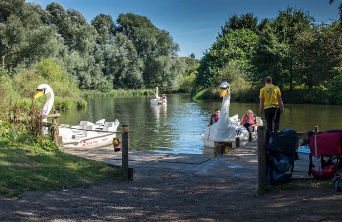 Swan-shaped pedal boats on a peaceful lake at Marston Farm Hotel, surrounded by lush greenery and id.